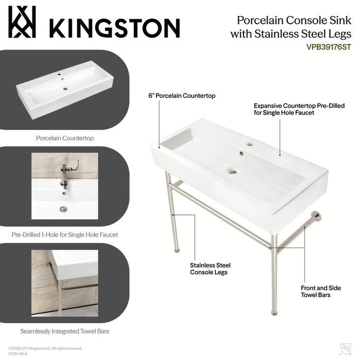 Kingston Sona VPB39170ST - New Haven 39-Inch Porcelain Console Sink with Stainless Steel Legs (1-Hole), White/Matte Black