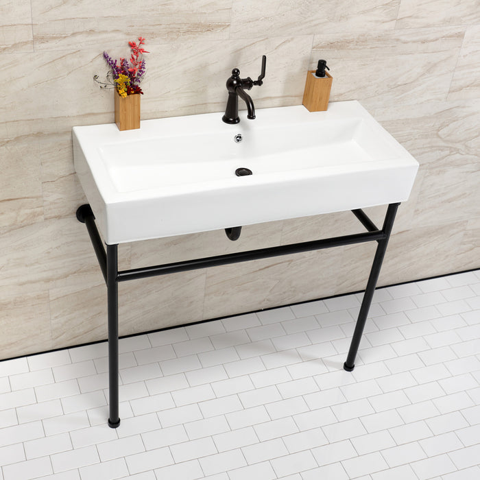 Kingston Sona VPB39170ST - New Haven 39-Inch Porcelain Console Sink with Stainless Steel Legs (1-Hole), White/Matte Black