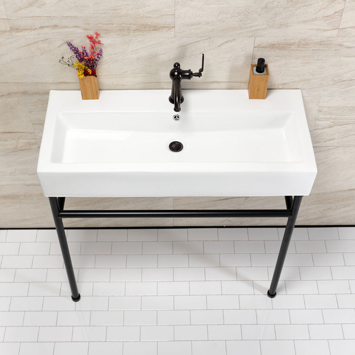 Kingston Sona VPB39170ST - New Haven 39-Inch Porcelain Console Sink with Stainless Steel Legs (1-Hole), White/Matte Black
