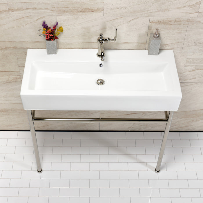 Kingston Sona VPB39176ST - New Haven 39-Inch Porcelain Console Sink with Stainless Steel Legs (1-Hole), White/Polished Nickel
