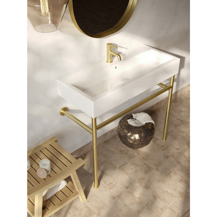 New Haven VPB39177ST 39-Inch Porcelain Console Sink with Stainless Steel Legs (1-Hole), White/Brushed Brass