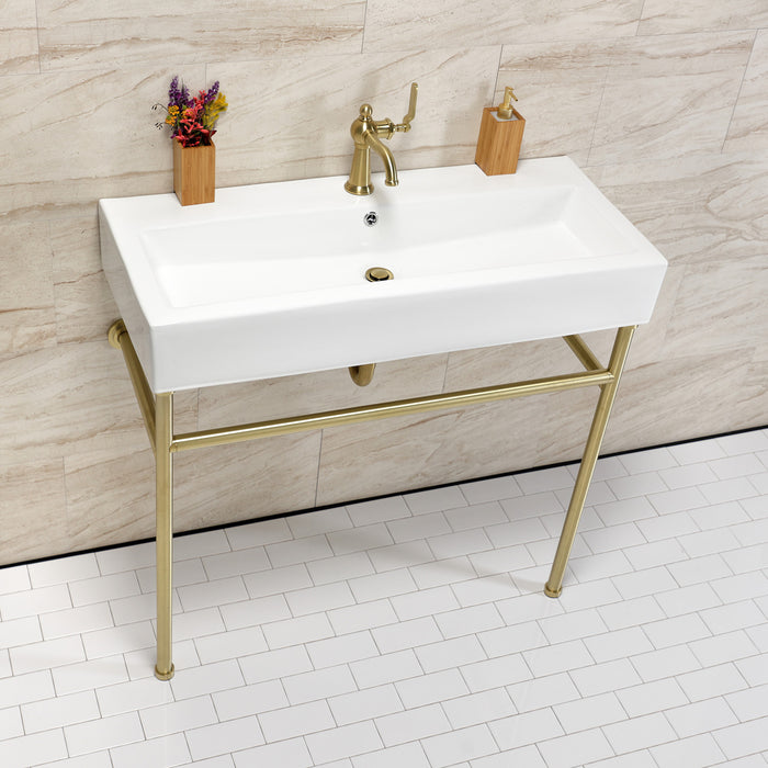 New Haven VPB39177ST 39-Inch Porcelain Console Sink with Stainless Steel Legs (1-Hole), White/Brushed Brass
