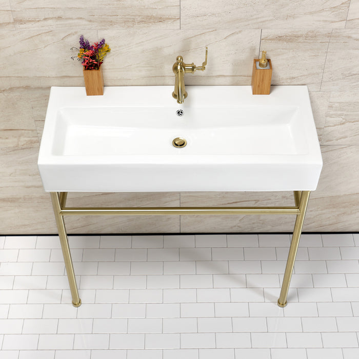 New Haven VPB39177ST 39-Inch Porcelain Console Sink with Stainless Steel Legs (1-Hole), White/Brushed Brass