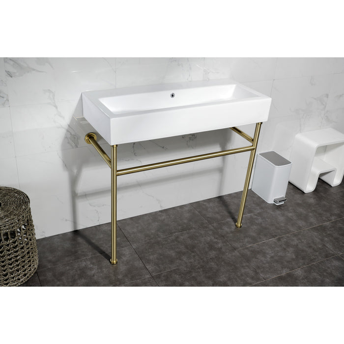 New Haven VPB3917H7ST 39-Inch Porcelain Console Sink with Stainless Steel Legs, White/Brushed Brass