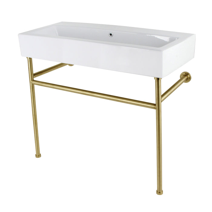 New Haven VPB3917H7ST 39-Inch Porcelain Console Sink with Stainless Steel Legs, White/Brushed Brass