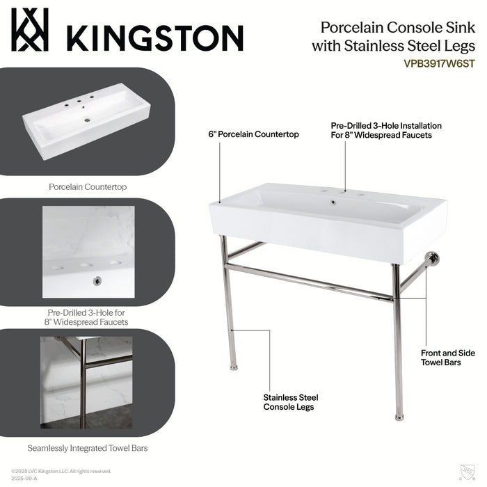 Kingston Sona VPB3917W0ST - New Haven 39-Inch Porcelain Console Sink with Stainless Steel Legs (8-Inch, 3-Hole), White/Matte Black