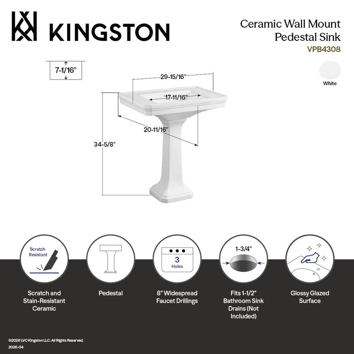 Kingston Heirloom VPB4308 - Imperial 29-15/16 Inch Wall Mount Pedestal Sink (8-Inch, 3-Hole), White