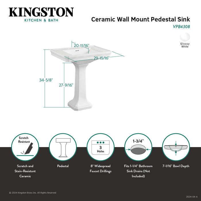 Kingston Heirloom VPB4308 - Imperial 29-15/16 Inch Wall Mount Pedestal Sink (8-Inch, 3-Hole), White