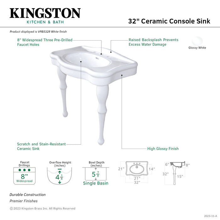 Kingston Heirloom VPB5328 - Imperial 32-Inch Ceramic Console Sink with Ceramic Legs (8-Inch, 3-Hole), White