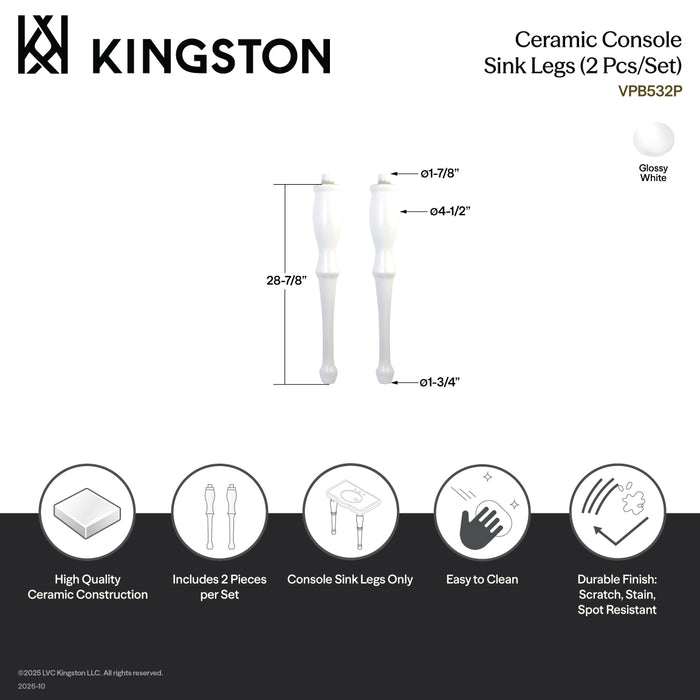 Kingston Heirloom VPB532P - Imperial Ceramic Console Sink Legs (2 Pcs/Set), White