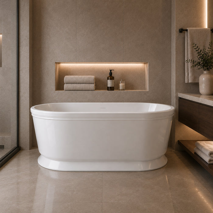 Kingston Heirloom VRTDE593023 - Arcticstone 59-Inch Solid Surface Oval Double Ended Pedestal Tub with Drain (No Faucet Drillings), Glossy White/Matte White
