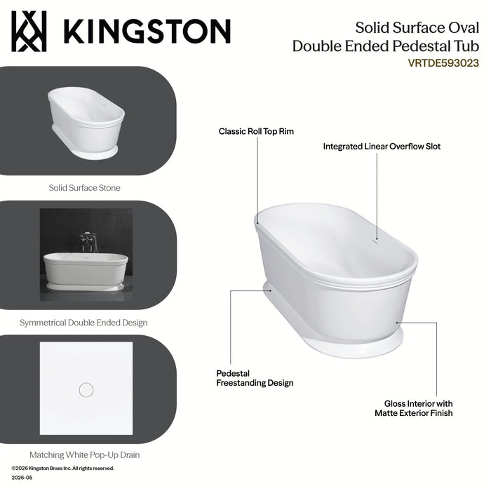 Kingston Heirloom VRTDE593023 - Arcticstone 59-Inch Solid Surface Oval Double Ended Pedestal Tub with Drain (No Faucet Drillings), Glossy White/Matte White