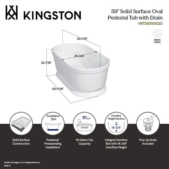 Kingston Heirloom VRTDE593023 - Arcticstone 59-Inch Solid Surface Oval Double Ended Pedestal Tub with Drain (No Faucet Drillings), Glossy White/Matte White