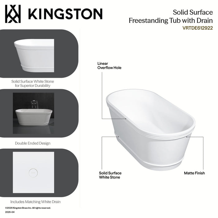 Kingston Arcticstone VRTDE612922 60-Inch Solid Surface Oval Double Ended Freestanding Tub with Drain, Glossy White/Matte White