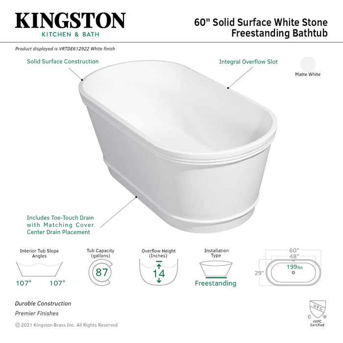 Arcticstone VRTDE612922 60-Inch Solid Surface Oval Double Ended Freestanding Tub with Drain, Glossy White/Matte White