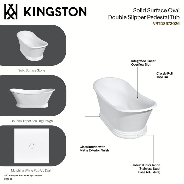 Kingston Heirloom VRTDS673026WG - Arcticstone 67-Inch Solid Surface Oval Double Slipper Pedestal Tub with Drain (No Faucet Drillings), Glossy White/Matte Gray