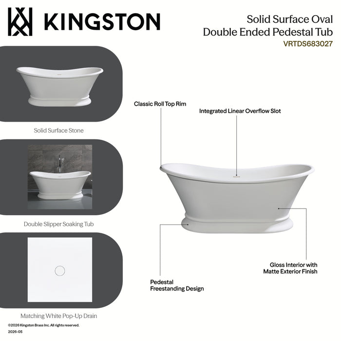Kingston Heirloom VRTDS683027 - Arcticstone 68-Inch Solid Surface Oval Double Slipper Pedestal Tub with Drain (No Faucet Drillings), Matte White/Glossy White