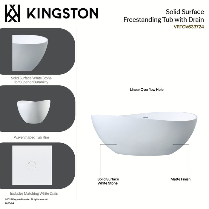 Kingston Sona VRTOV633724 - Arcticstone 63-Inch Solid Surface Oval Double Slipper Freestanding Tub with Drain, Matte White