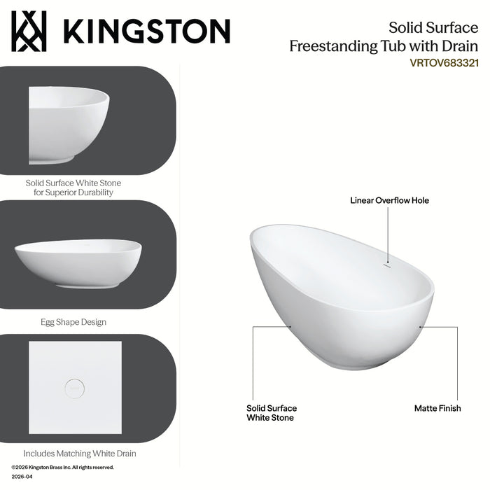 Kingston Sona VRTOV683321WG - Arcticstone 67-Inch Solid Surface Egg Shaped Double Ended Freestanding Tub with Drain, Glossy White/Matte Gray