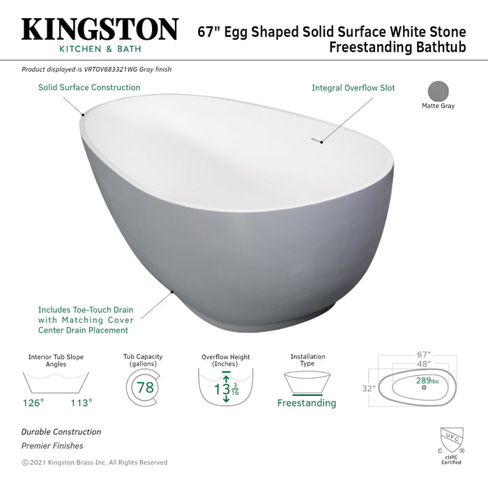 Kingston Sona VRTOV683321WG - Arcticstone 67-Inch Solid Surface Egg Shaped Double Ended Freestanding Tub with Drain, Glossy White/Matte Gray