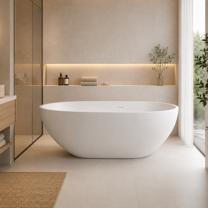 Kingston Sona VRTOV713422 - Arcticstone 72-Inch Solid Surface Egg Shaped Double Ended Freestanding Tub with Drain, Glossy White/Matte White