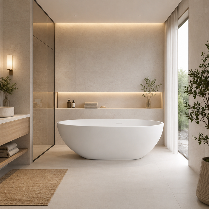 Kingston Sona VRTOV713422 - Arcticstone 72-Inch Solid Surface Egg Shaped Double Ended Freestanding Tub with Drain, Glossy White/Matte White