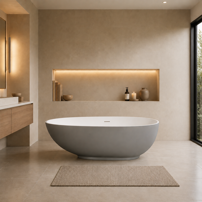 Kingston Sona VRTOV713422WG - Arcticstone 72-Inch Solid Surface Egg Shaped Double Ended Freestanding Tub with Drain, Glossy White/Matte Gray