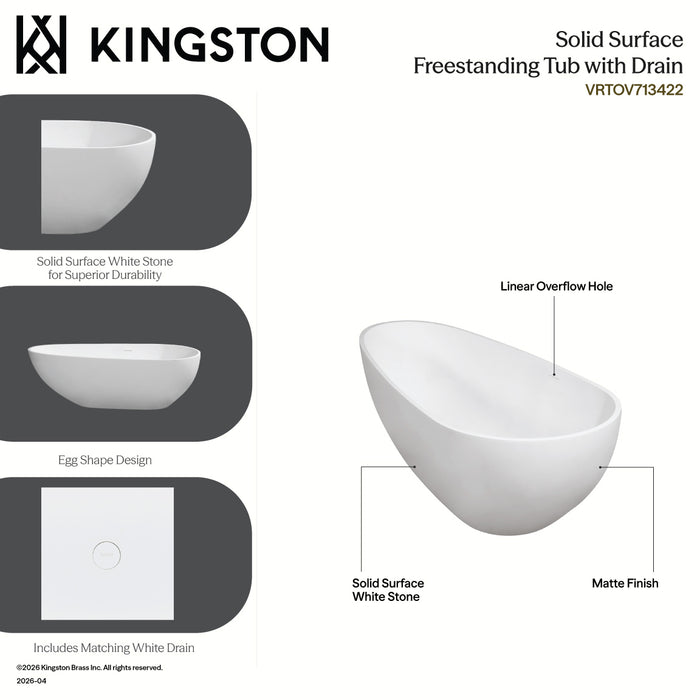 Kingston Sona VRTOV713422WG - Arcticstone 72-Inch Solid Surface Egg Shaped Double Ended Freestanding Tub with Drain, Glossy White/Matte Gray