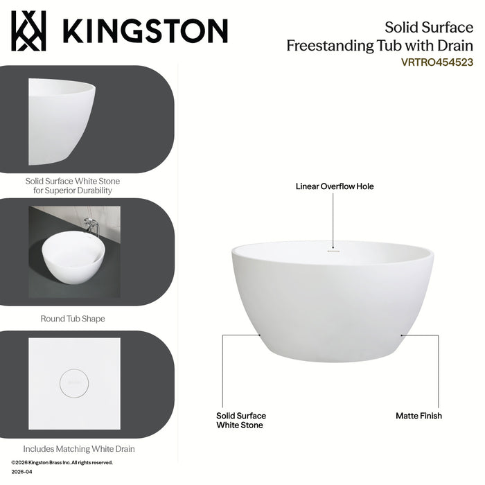 Kingston Sona VRTRO454523 - Arcticstone 45-Inch Solid Surface Round Double Ended Freestanding Tub with Drain, Matte White