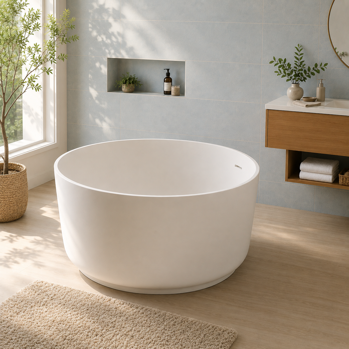 Kingston Sona VRTRO515224 - Arcticstone 51-Inch Solid Surface Round Double Ended Freestanding Tub with Drain, Matte White