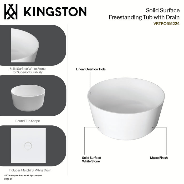 Kingston Sona VRTRO515224 - Arcticstone 51-Inch Solid Surface Round Double Ended Freestanding Tub with Drain, Matte White