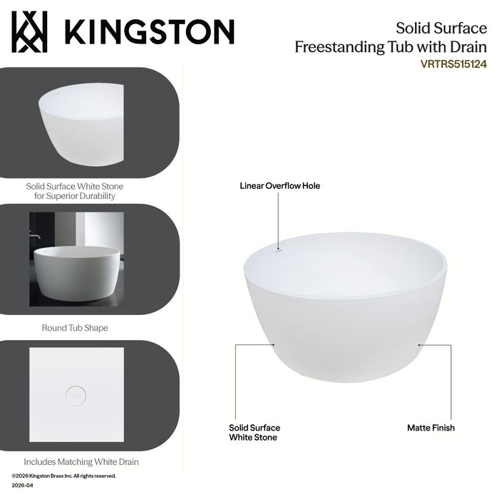 Kingston Sona VRTRS515124 - Arcticstone 51-Inch Solid Surface Round Double Ended Freestanding Tub with Drain, Matte White