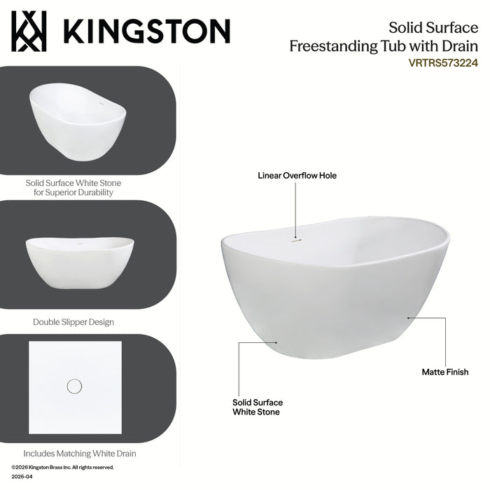 Kingston Sona VRTRS573224 - Arcticstone 57-Inch Solid Surface Oval Double Slipper Freestanding Tub with Drain, Matte White