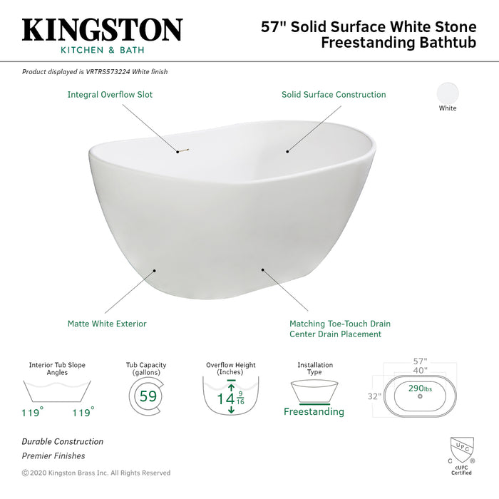 Arcticstone VRTRS573224 57-Inch Solid Surface Oval Double Slipper Freestanding Tub with Drain, Matte White