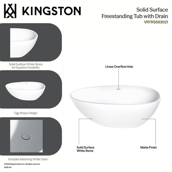 Kingston Sona VRTRS593021 - Arcticstone 59-Inch Solid Surface Egg Shaped Double Ended Freestanding Tub with Drain, Matte White