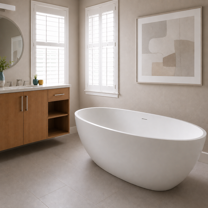 Kingston Sona VRTRS593021 - Arcticstone 59-Inch Solid Surface Egg Shaped Double Ended Freestanding Tub with Drain, Matte White