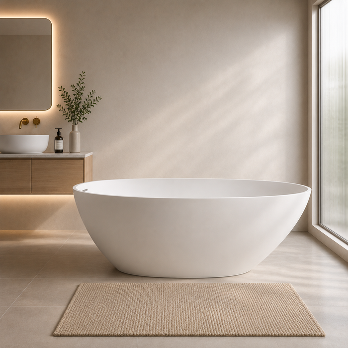 Kingston Sona VRTRS633022 - Arcticstone 63-Inch Solid Surface Egg Shaped Double Ended Freestanding Tub with Drain, Matte White
