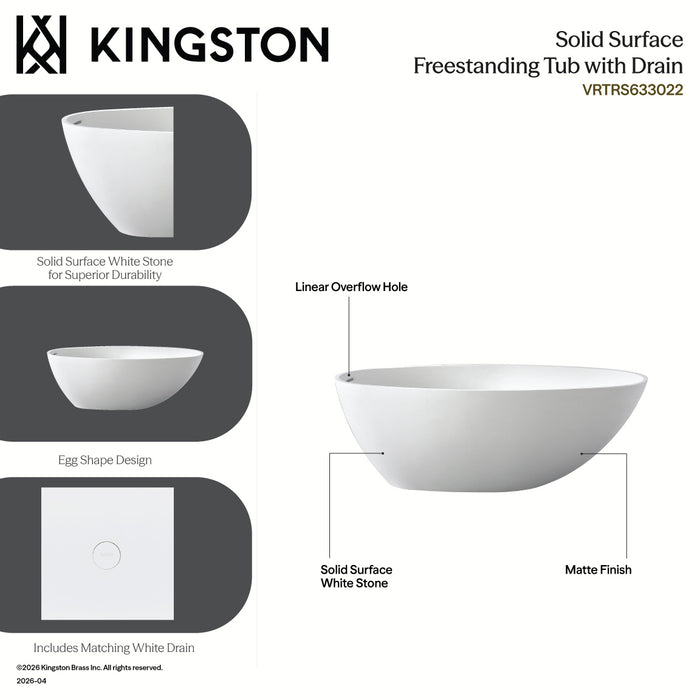 Kingston Sona VRTRS633022 - Arcticstone 63-Inch Solid Surface Egg Shaped Double Ended Freestanding Tub with Drain, Matte White