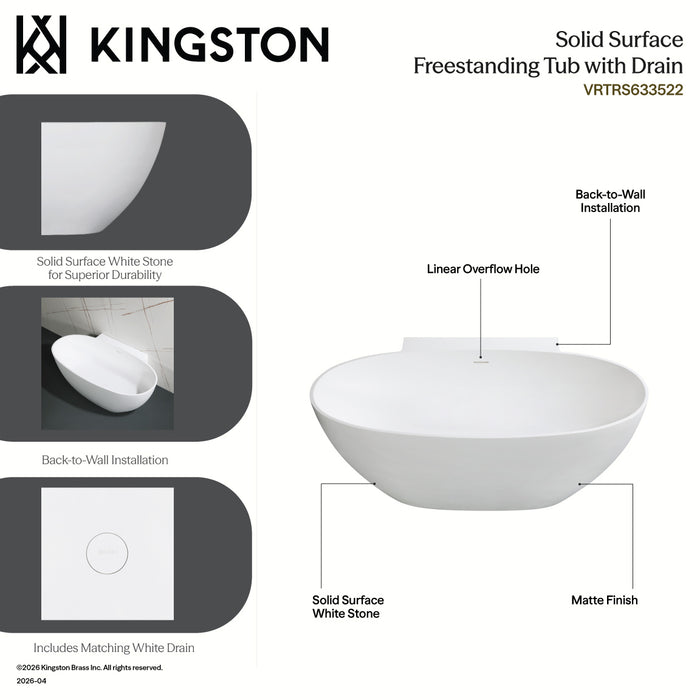 Kingston Sona VRTRS633522 - Arcticstone 63-Inch Solid Surface Oval Double Ended Freestanding Tub with Drain, Matte White