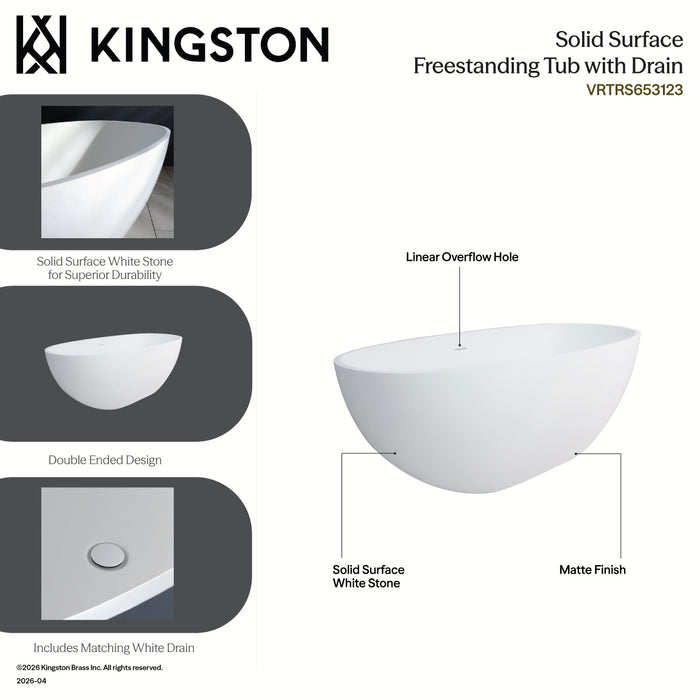 Kingston Sona VRTRS653123 - Arcticstone 65-Inch Solid Surface Oval Double Ended Freestanding Tub with Drain, Matte White