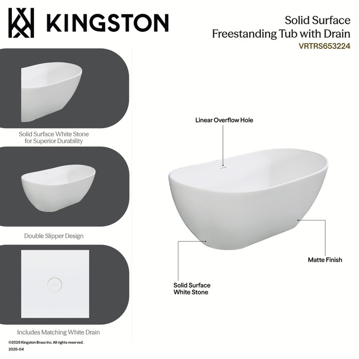 Kingston Sona VRTRS653224 - Arcticstone 65-Inch Solid Surface Oval Double Slipper Freestanding Tub with Drain, Matte White