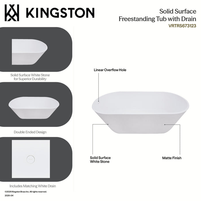 Kingston Sona VRTRS673123 - Arcticstone 67-Inch Solid Surface Oval Double Ended Freestanding Tub with Drain, Matte White