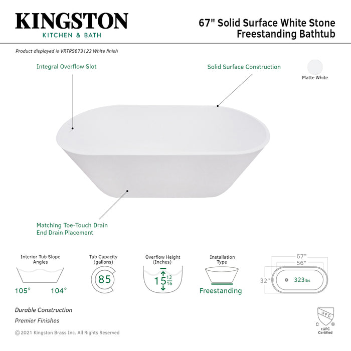 Kingston Sona VRTRS673123 - Arcticstone 67-Inch Solid Surface Oval Double Ended Freestanding Tub with Drain, Matte White