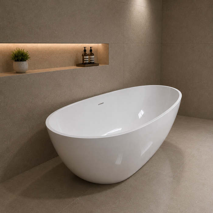 Kingston Sona VRTRS673422 - Arcticstone 67-Inch Solid Surface Egg Shaped Double Ended Freestanding Tub with Drain, Matte White