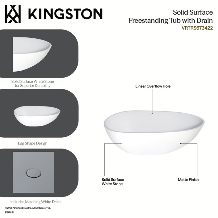 Kingston Sona VRTRS673422 - Arcticstone 67-Inch Solid Surface Egg Shaped Double Ended Freestanding Tub with Drain, Matte White