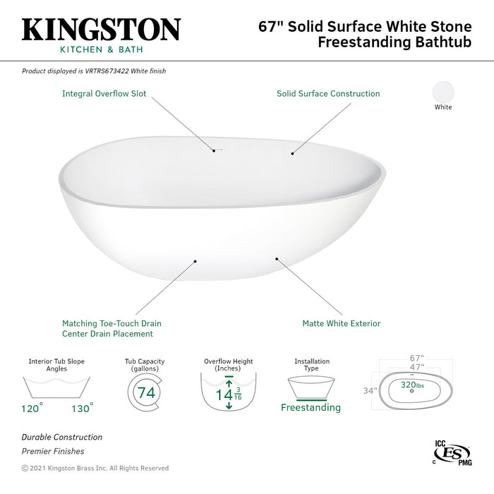 Kingston Sona VRTRS673422 - Arcticstone 67-Inch Solid Surface Egg Shaped Double Ended Freestanding Tub with Drain, Matte White