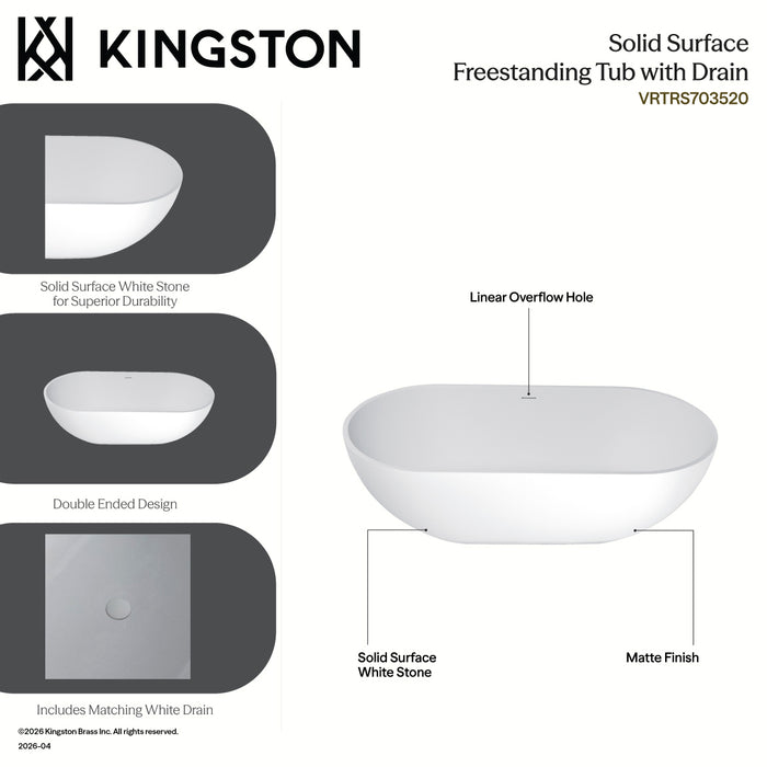Kingston Sona VRTRS703520 - Arcticstone 70-Inch Solid Surface Oval Double Ended Freestanding Tub with Drain, Matte White