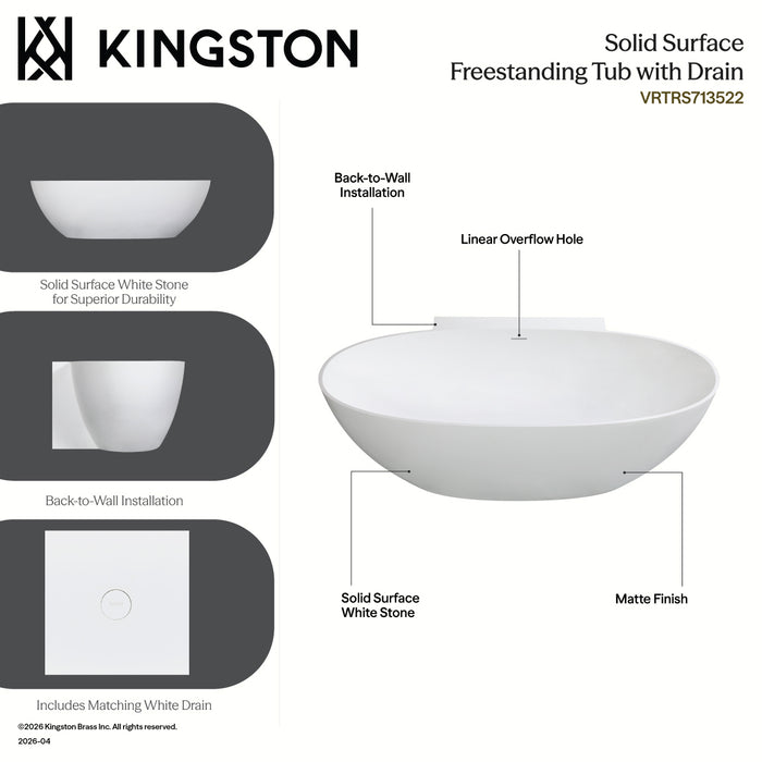 Kingston Sona VRTRS713522 - Arcticstone 71-Inch Solid Surface Oval Double Ended Freestanding Tub with Drain, Matte White