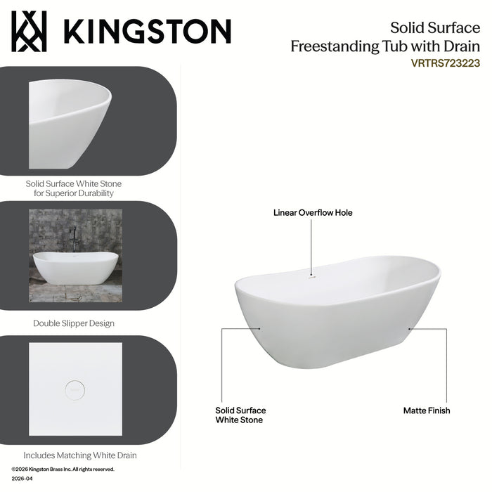 Kingston Sona VRTRS723223 - Arcticstone 72-Inch Solid Surface Oval Double Slipper Freestanding Tub with Drain, Matte White