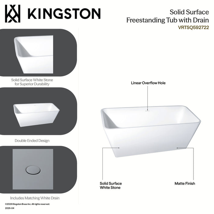 Kingston Sona VRTSQ592722 - Arcticstone 59-Inch Solid Surface Rectangular Double Ended Freestanding Tub with Drain, Matte White